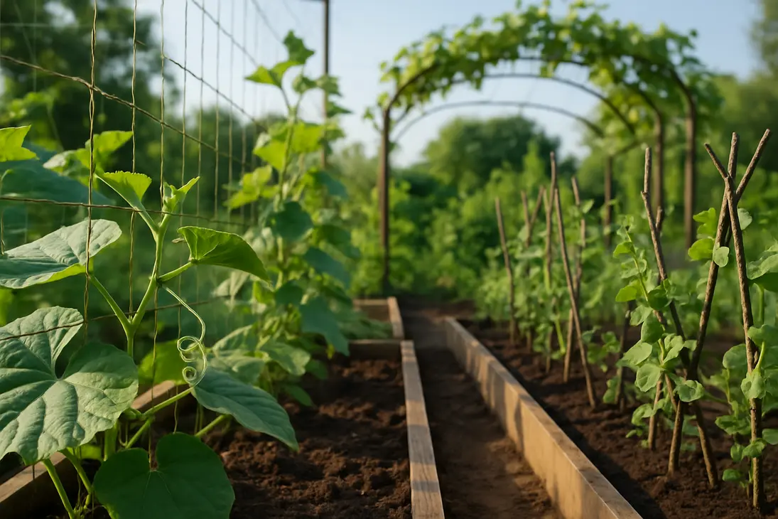 Tendril plants such as cucumbers, peas, and grapes climbing garden supports with curling tendrils.