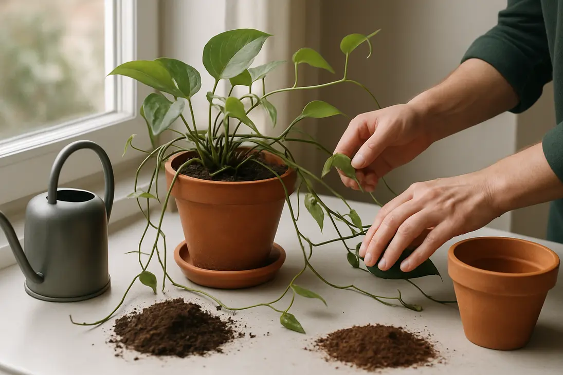 Indoor Epipremnum pothos with thin, limp leaves being checked for soil moisture and care problems.