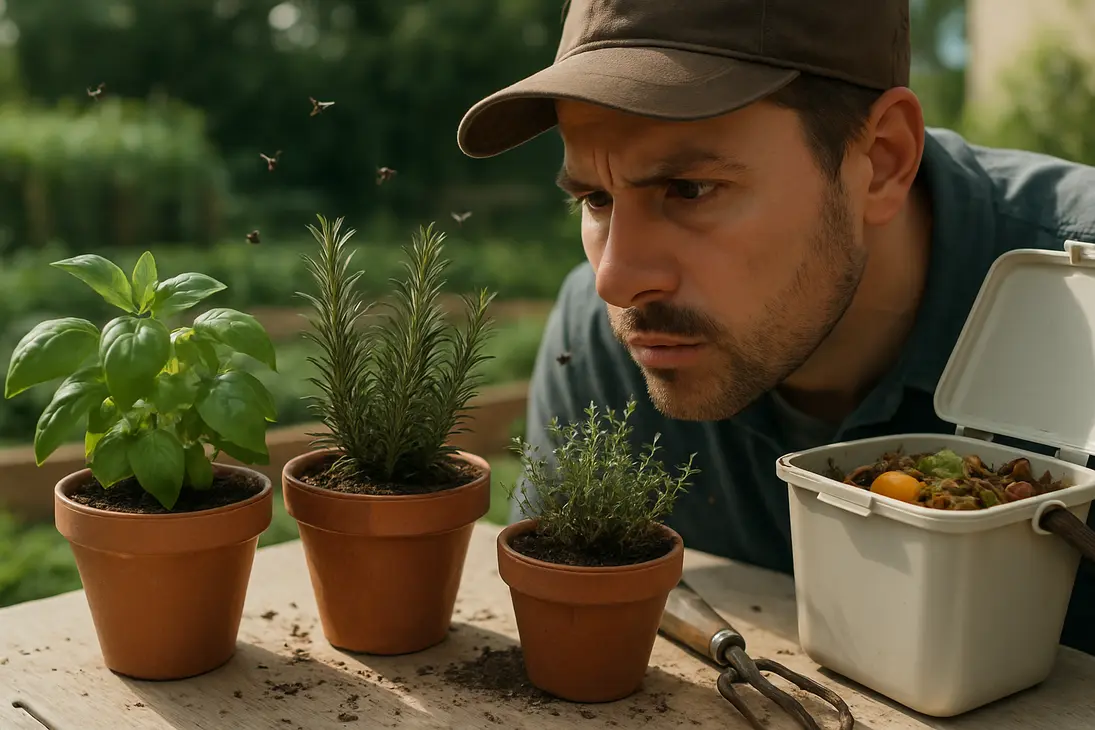 Gardener inspecting tiny flies around potted herbs on a patio garden.