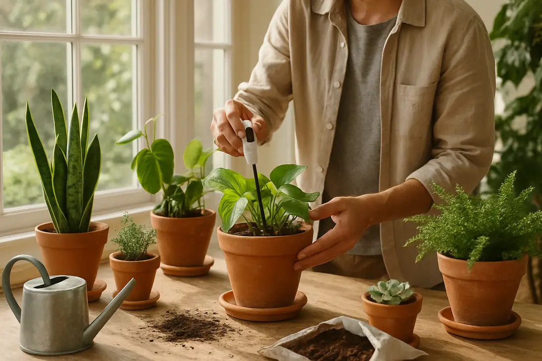 Gardener checking the soil of potted houseplants near a bright window.
