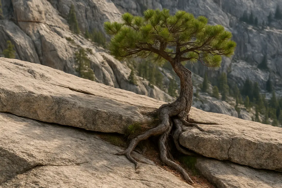 A hardy tree growing from a crack in a rocky cliff with exposed roots and mossy soil pockets.