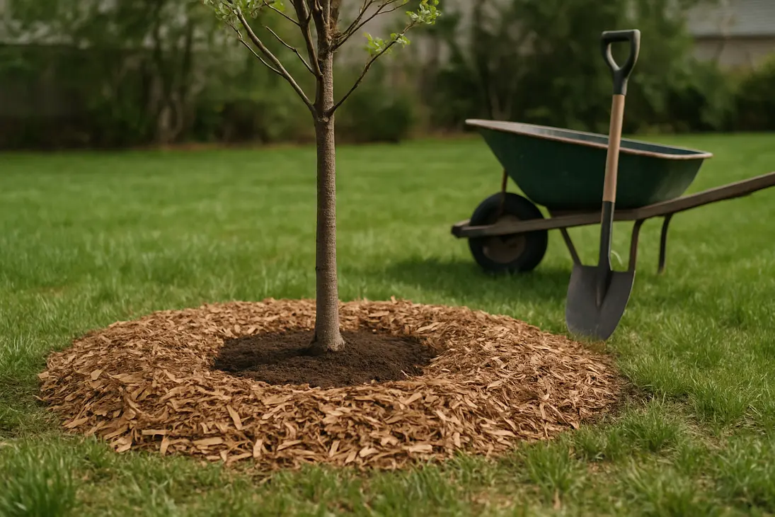 Newly planted young tree with a wide, flat mulch ring kept away from the trunk.