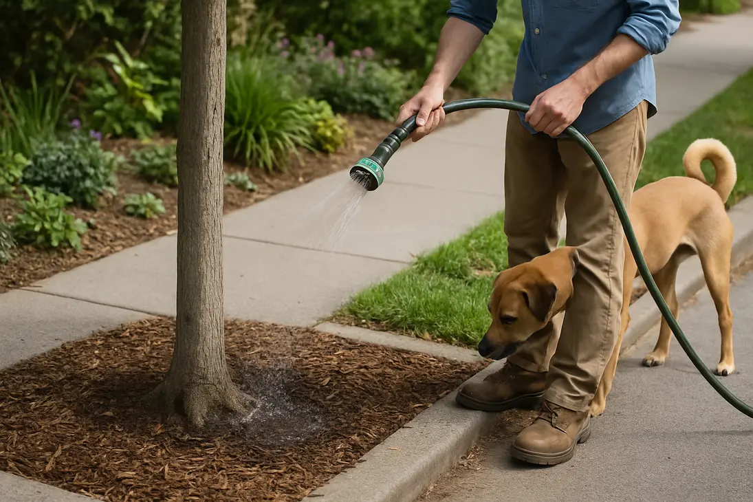 A gardener waters the mulched base of a young tree after a dog urinates nearby.