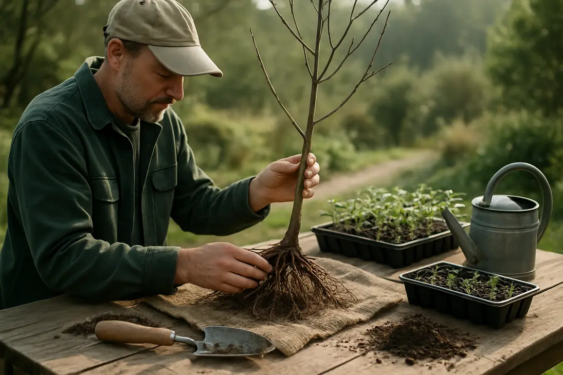 Gardener inspecting the roots of a bare-root young tree beside seedling trays on a potting bench.