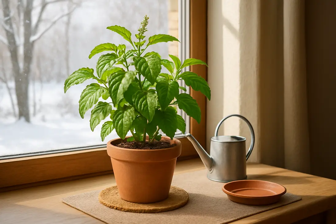 Potted Tulsi plant growing indoors near a bright winter window.