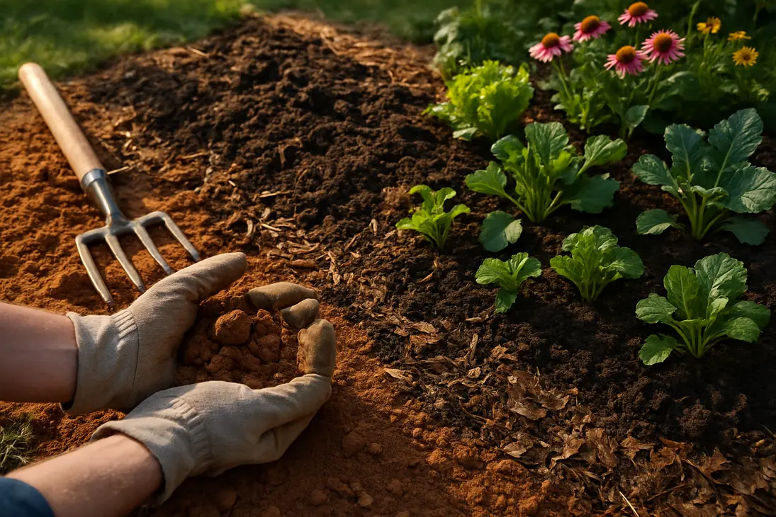 Gardener comparing clay soil amended with compost beside a crumbly loam garden bed.