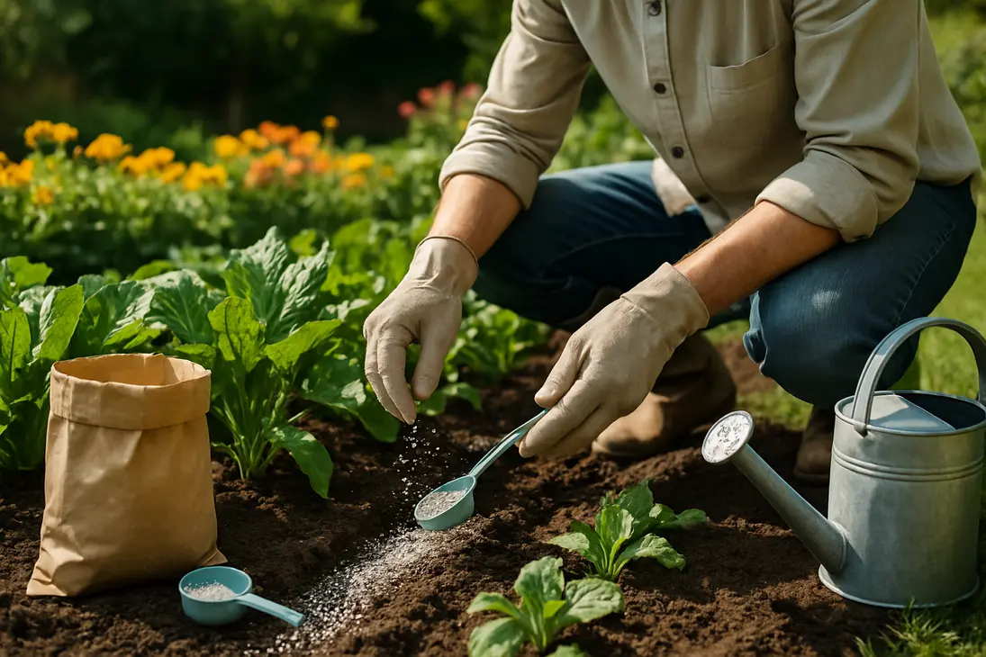 Gardener applying granular fertilizer beside garden plants and keeping it away from stems.