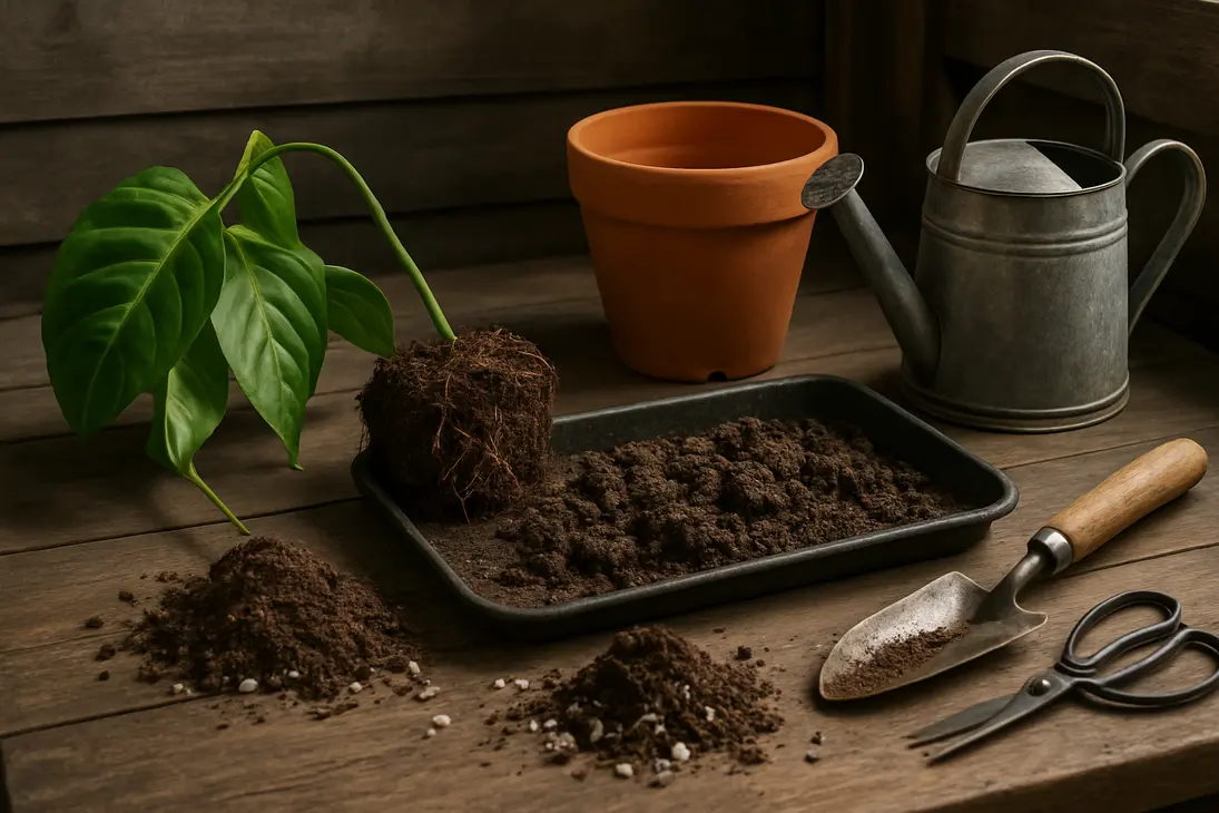 Broken plant being repotted with refreshed old potting soil, fresh mix, and drainage amendments on a potting bench.