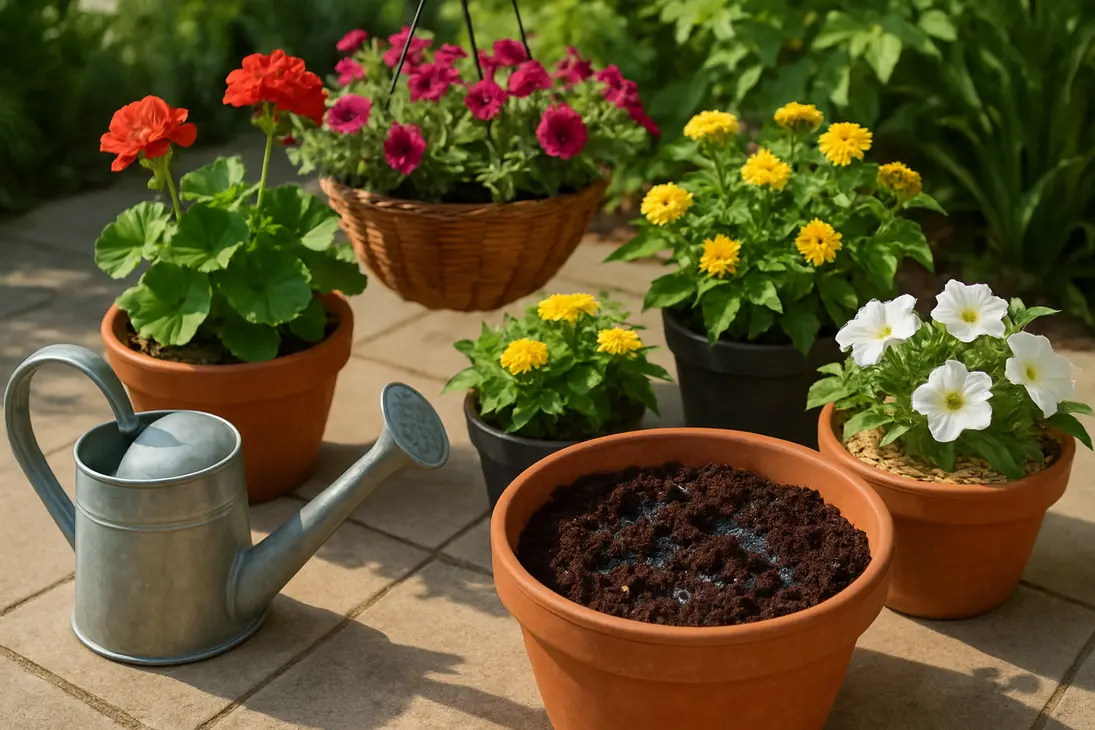 Potted plants on a patio being prepared with Soil Moist crystals and watering before time away.