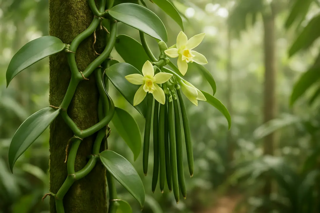 Vanilla orchid vine climbing a support with pale flowers and green vanilla pods.