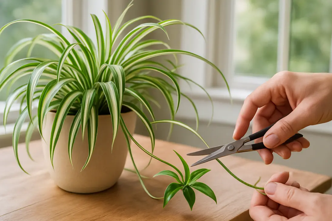 Variegated spider plant with a solid green pup being trimmed from a runner.