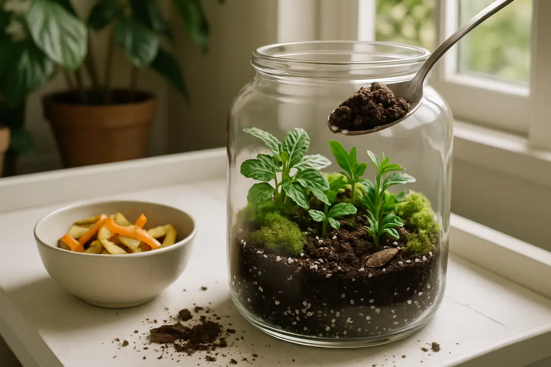 Open terrarium with tropical plants and finished compost beside raw vegetable scraps.