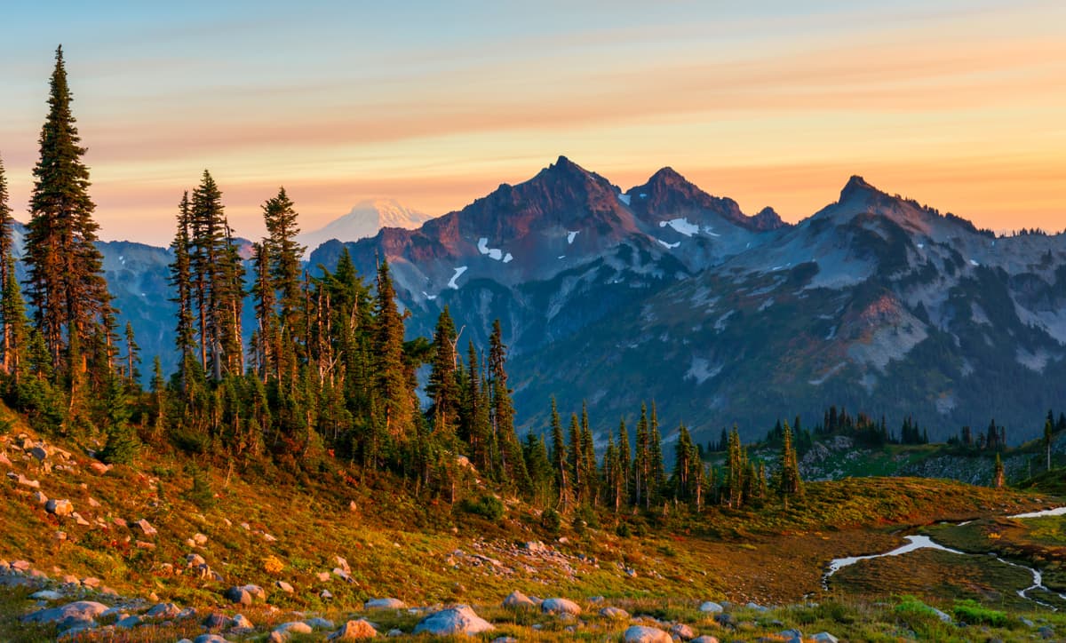 Majestic mountains and forests at sunrise in Washington State