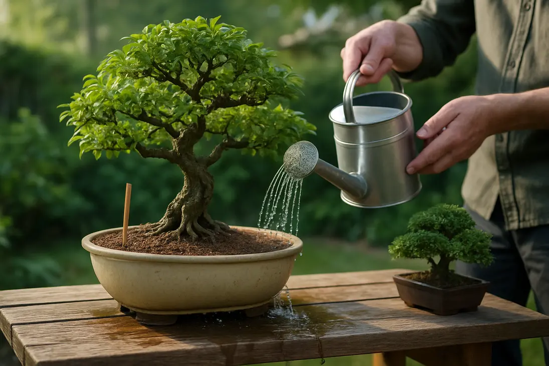 A gardener watering a bonsai tree thoroughly in a shallow pot while water drains from the bottom.