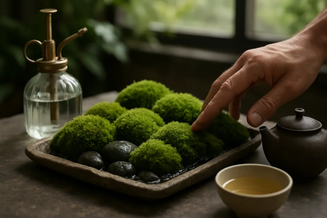 Green moss in a shallow tray beside a teapot and mister for careful watering.