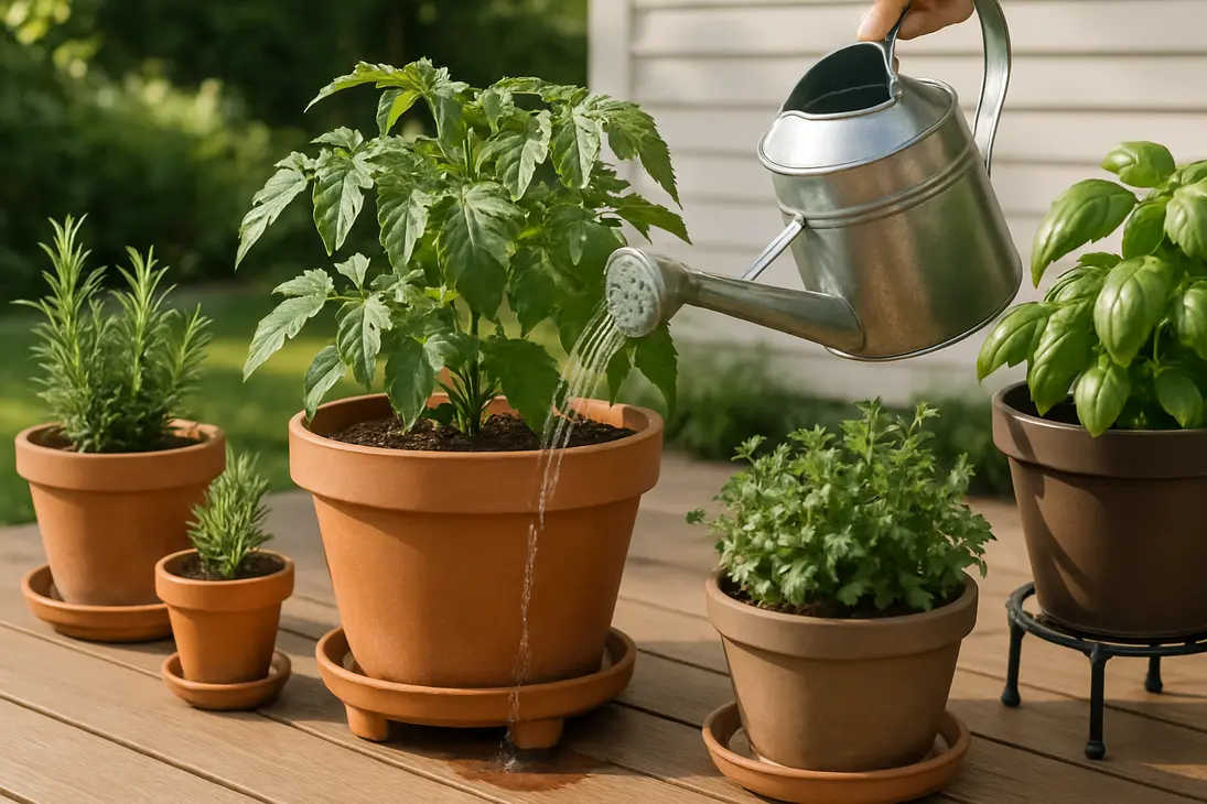Potted plants on a wooden deck being watered with raised trays and pot feet to prevent standing water.