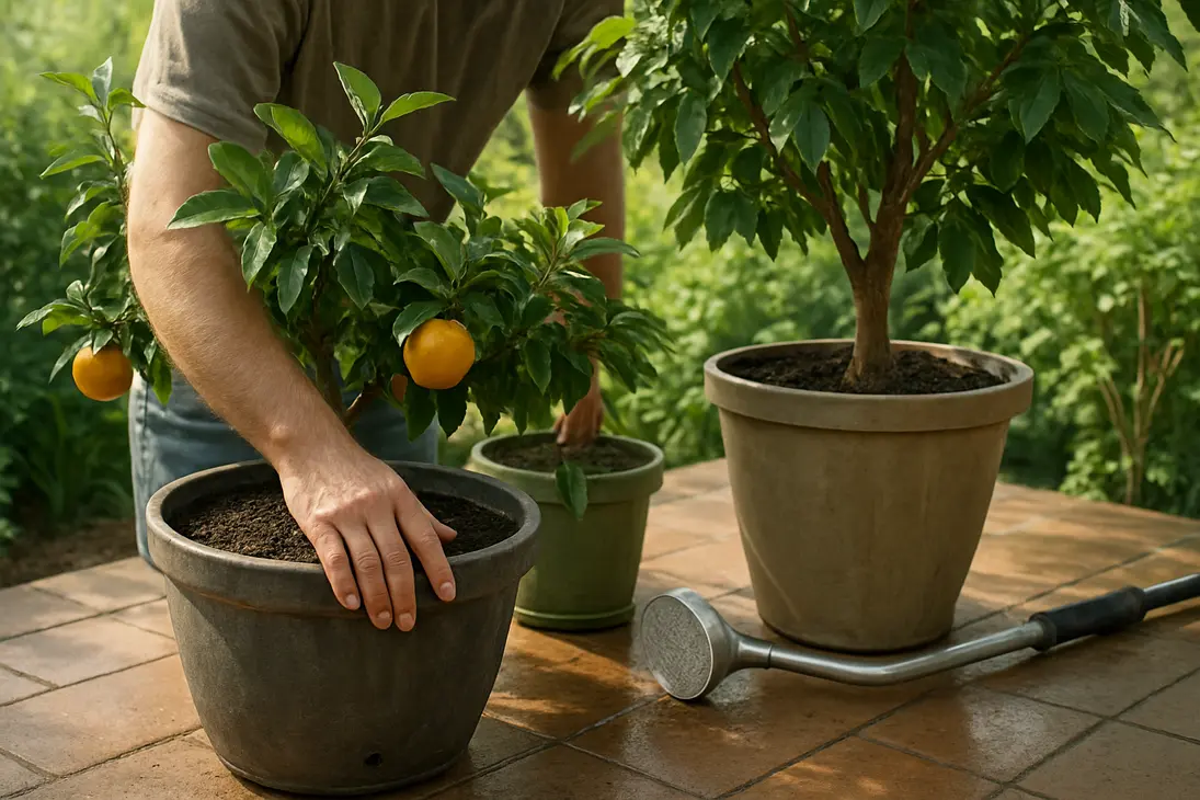 Gardener checking the soil moisture of potted trees on a humid patio before watering.