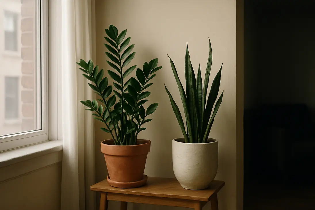 Low-light houseplants placed near a window with soft indirect daylight.