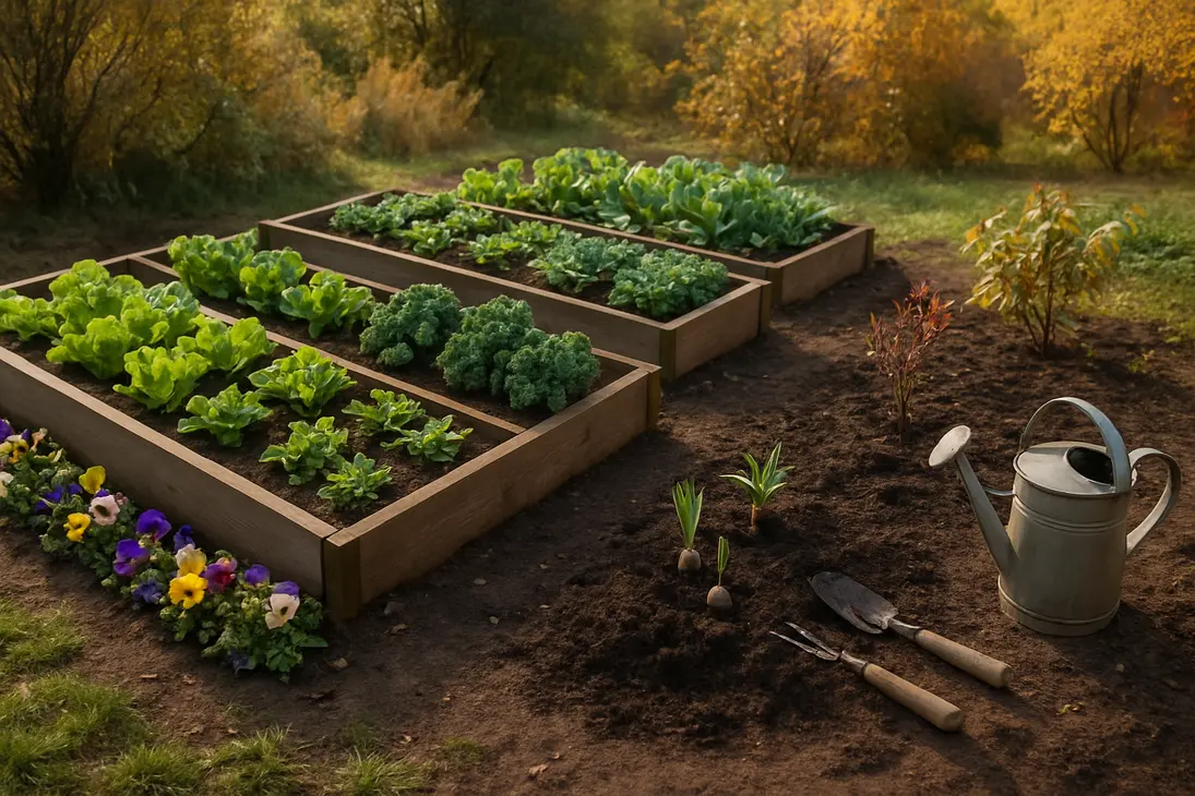 September garden beds with cool-season greens, herbs, flowers, bulbs, and a young shrub starting to grow.