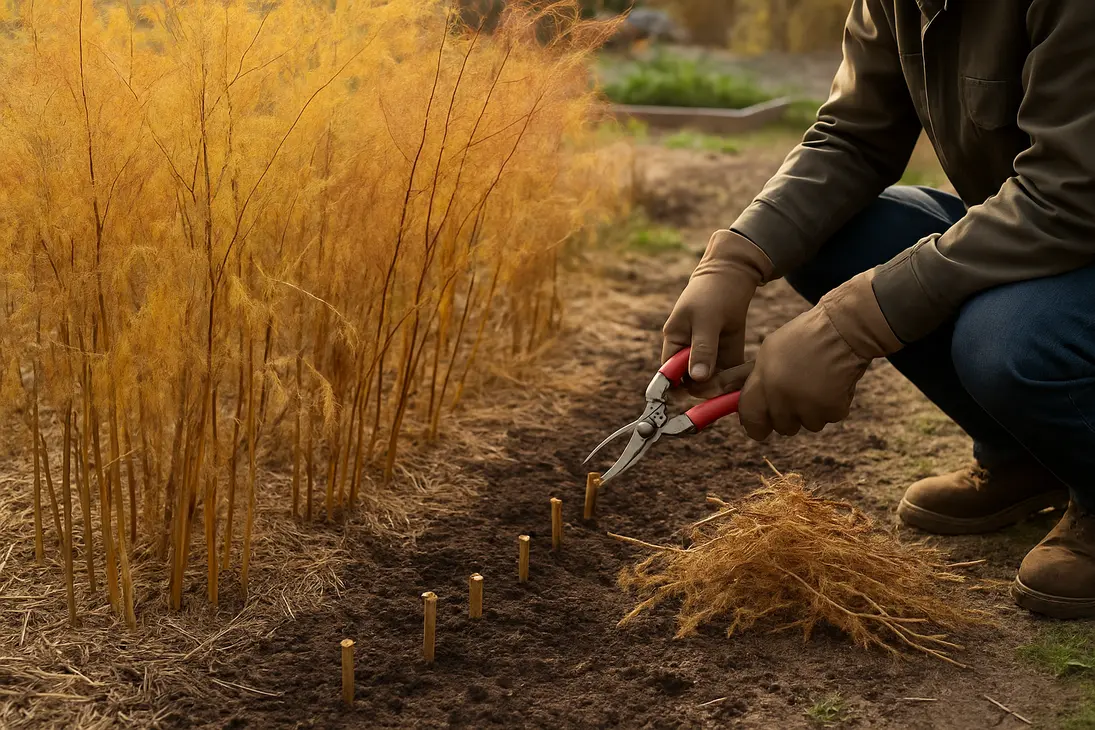 Gardener cutting back brown asparagus ferns in a fall vegetable garden.
