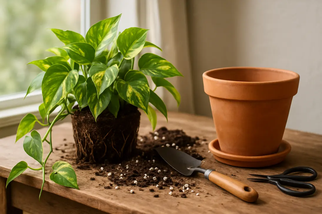Golden pothos being repotted into a slightly larger pot with fresh potting mix.
