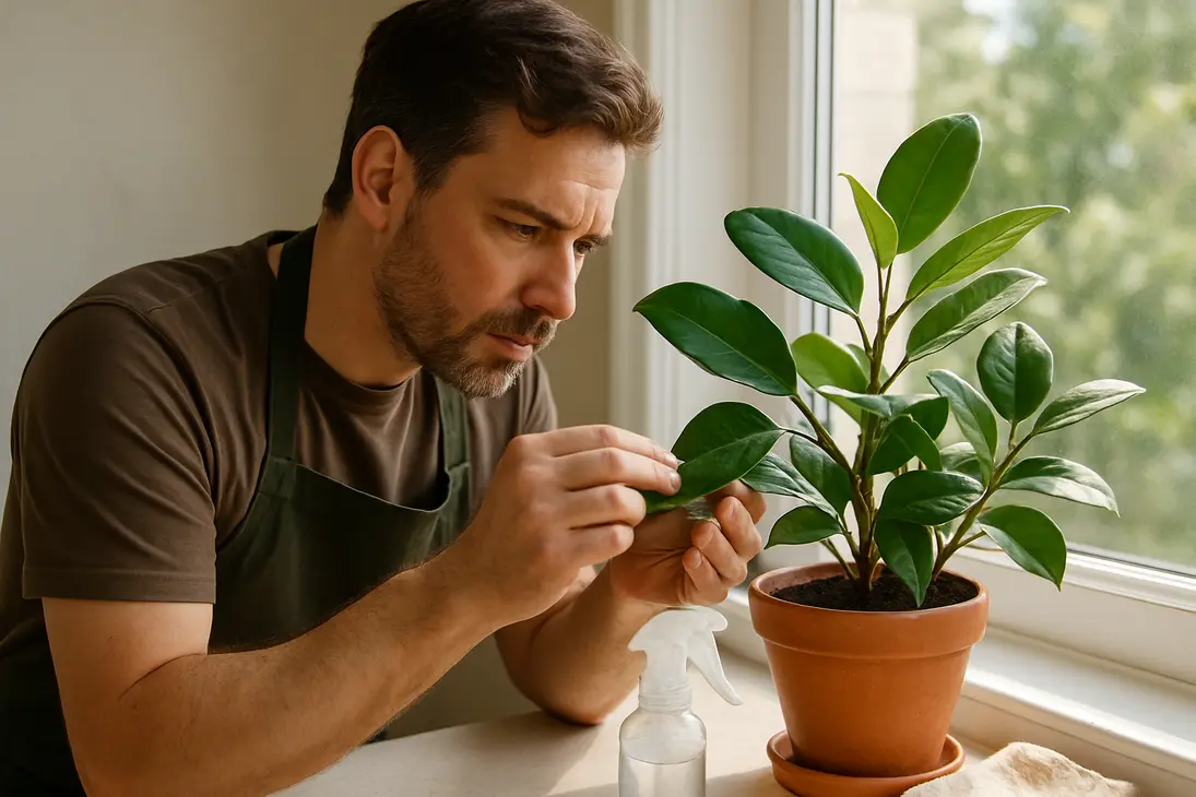 Indoor gardener checking a houseplant for pest signs before using soap water.