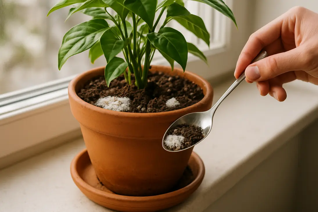 Terracotta potted houseplant with white mineral crust and fuzzy mold on the soil surface.
