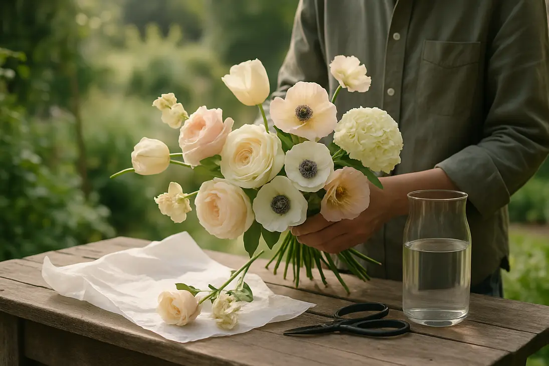 A gardener gently supports fragile cut flowers with soft petals and bent stems on a potting bench.