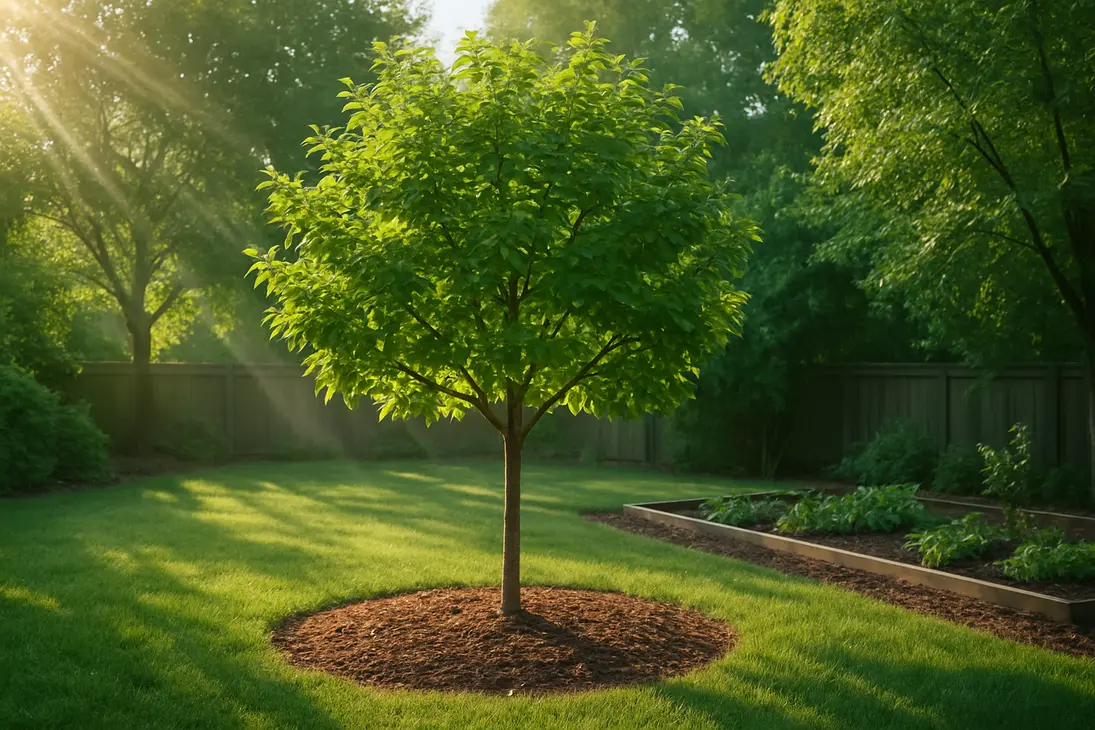 A young tree growing in bright sunlight in a garden with shaded trees nearby.