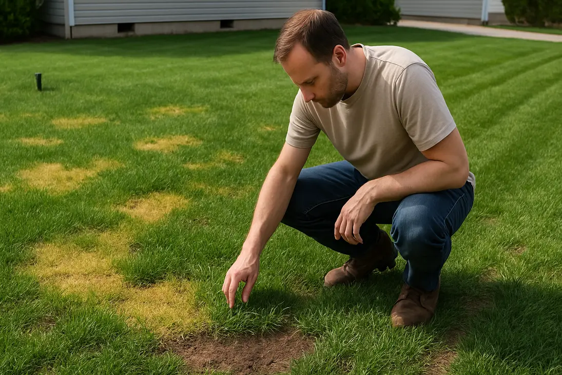 A homeowner inspecting yellow patches in a lawn to diagnose grass stress.