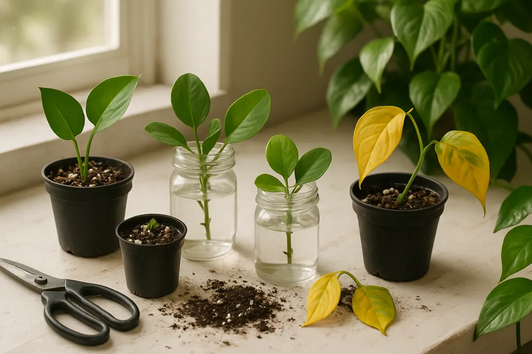 Houseplant cuttings in water and small pots on a propagation bench, showing healthy and failing cuttings.