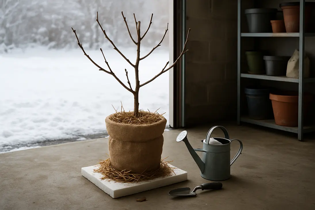 Dormant potted tree insulated in a garage for winter storage.