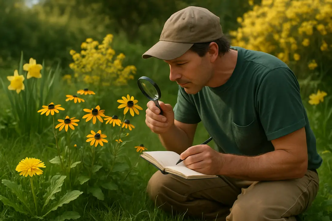 Gardener examining different yellow flowers in a garden to compare blooms, leaves, and stems for identification.