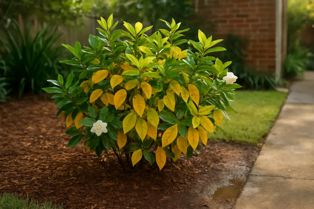 Gardenia shrub in a Houston garden with yellowing leaves caused by soil, water, or heat stress.