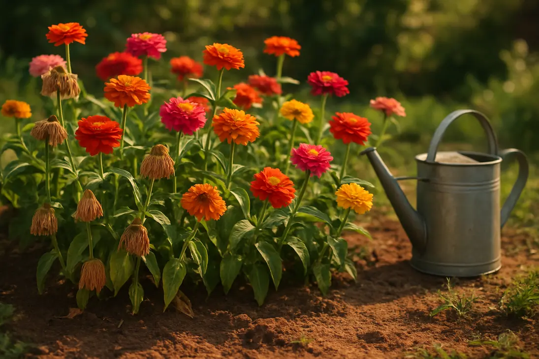 Drooping zinnia plants with faded blooms in a sunny garden bed.