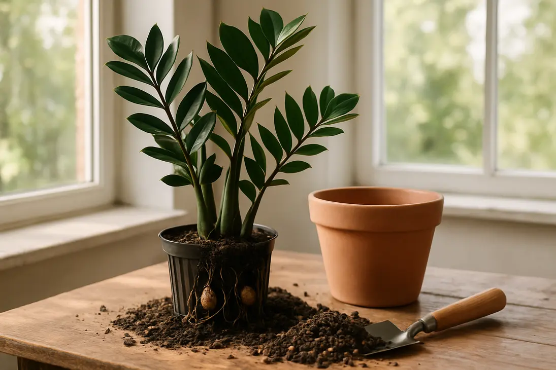ZZ plant being checked for crowded roots before repotting from a 7-inch pot.