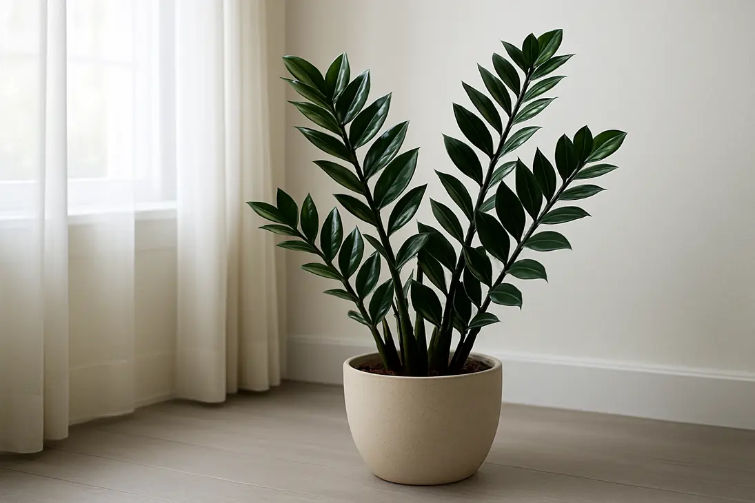Healthy ZZ plant in bright indirect light near a sheer-curtained window.