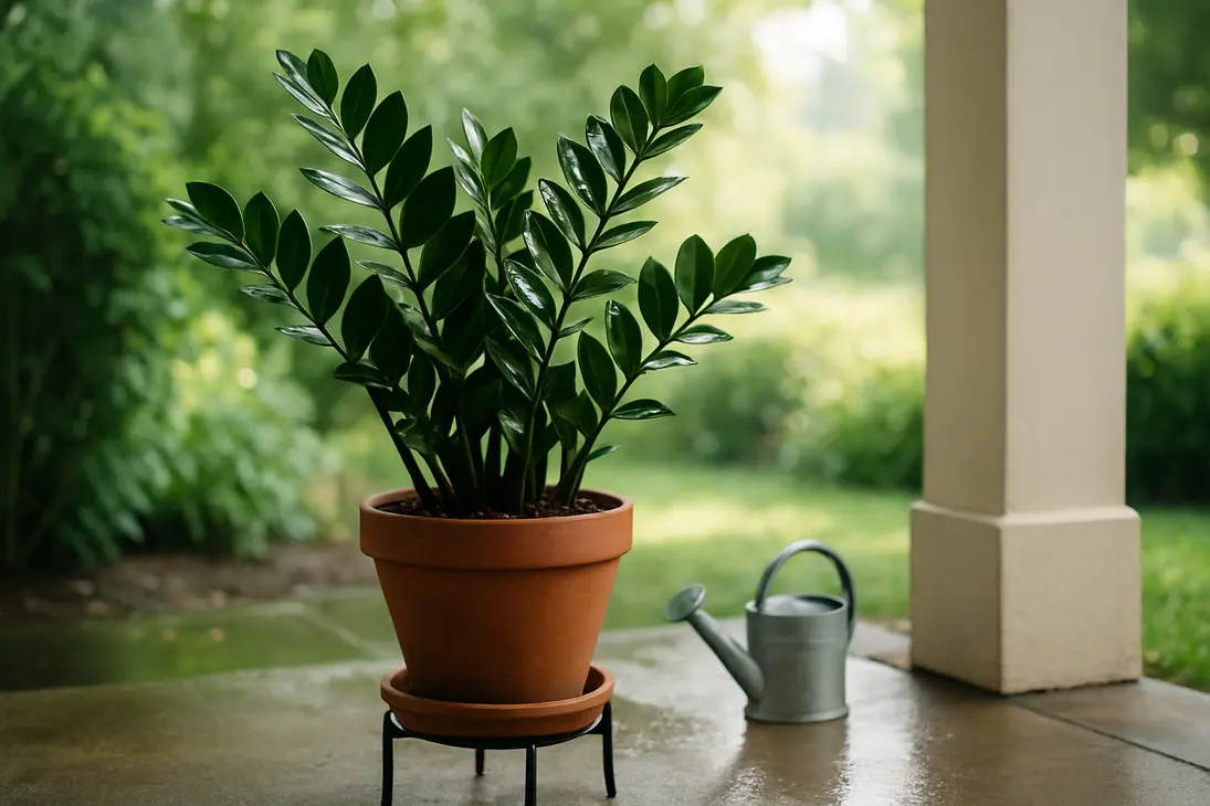 Potted ZZ plant on a shaded porch during summer.