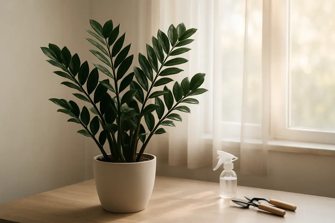 Healthy ZZ plant in bright indirect light near a softly filtered window.