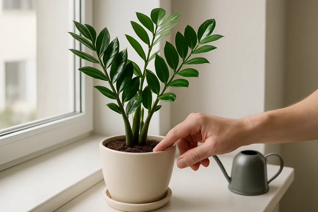 A person checking the soil of a potted ZZ plant before watering.