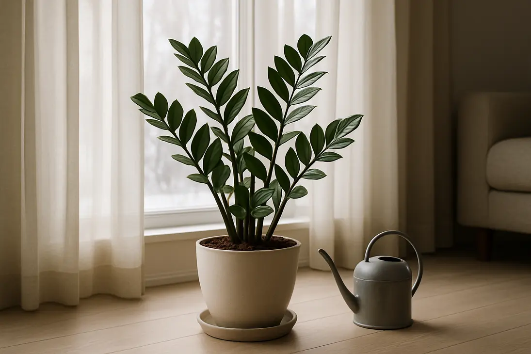 Healthy ZZ plant near a bright window during winter indoor care.