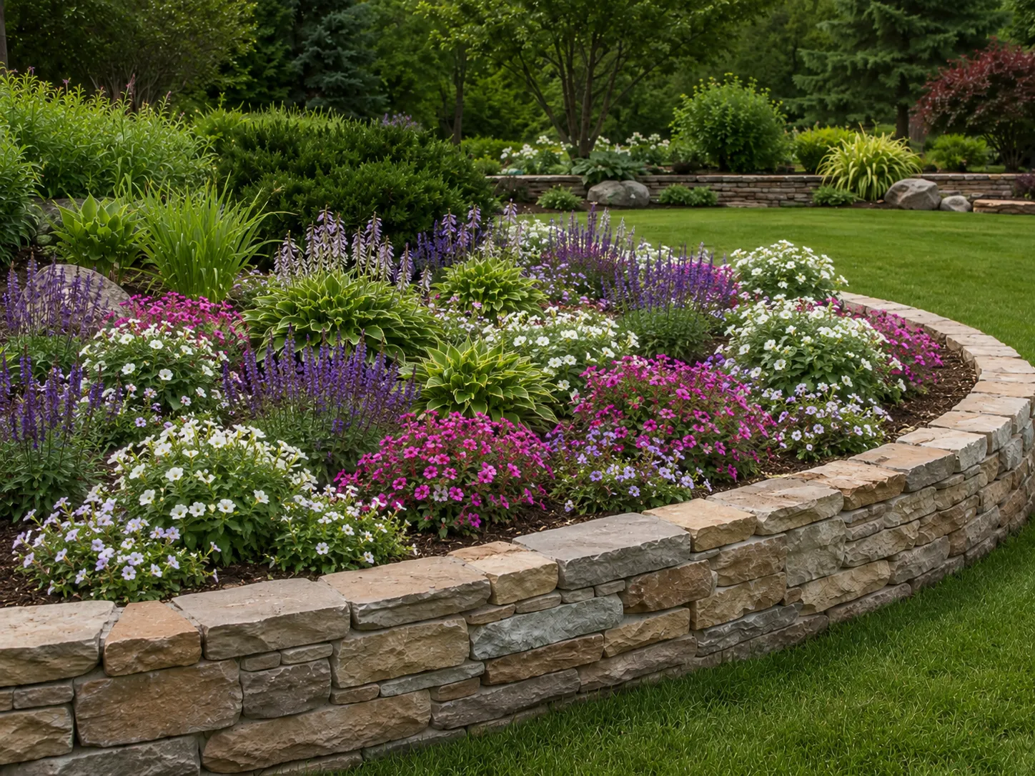 Mature flower bed after plants have grown with proper spacing
