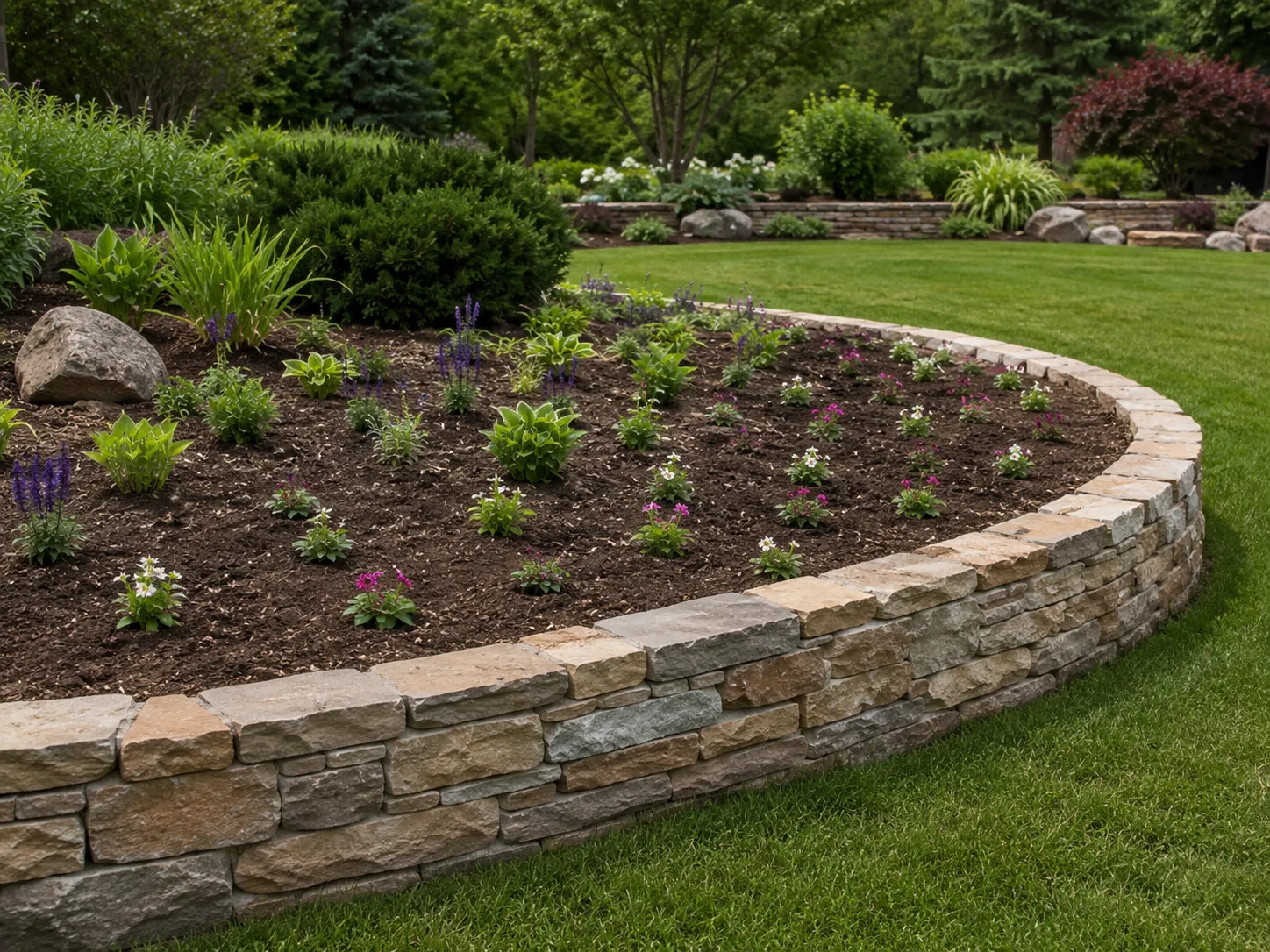 Young plants spaced in a garden bed before mature growth