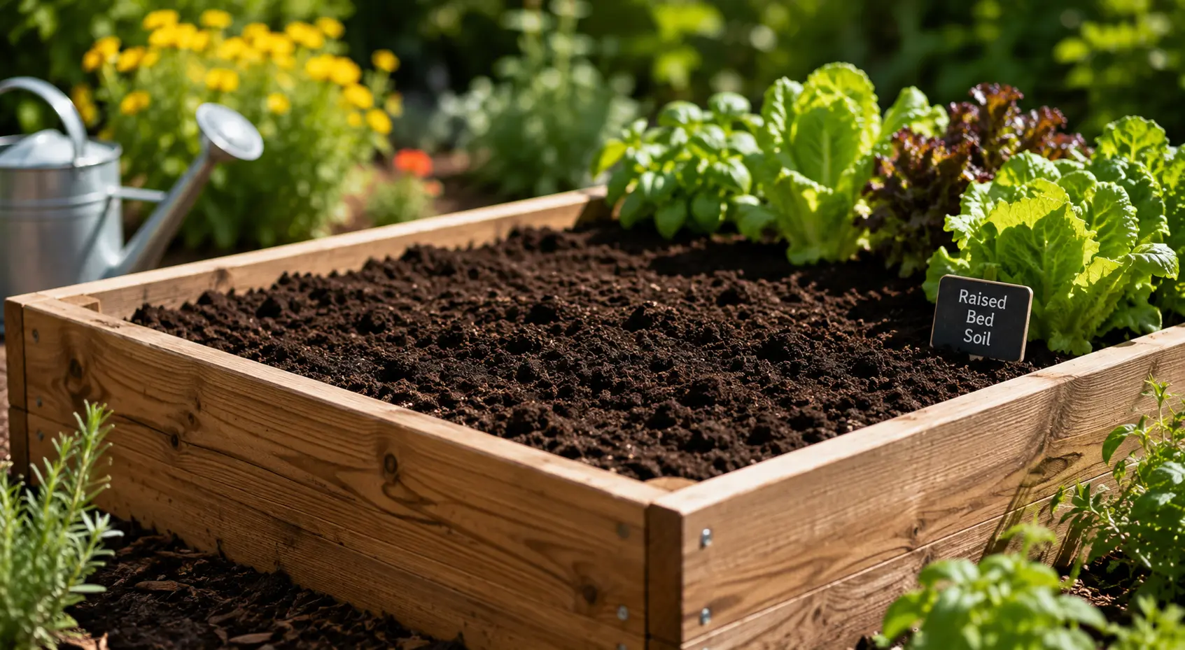 Raised garden bed filled with soil for a raised bed soil calculator