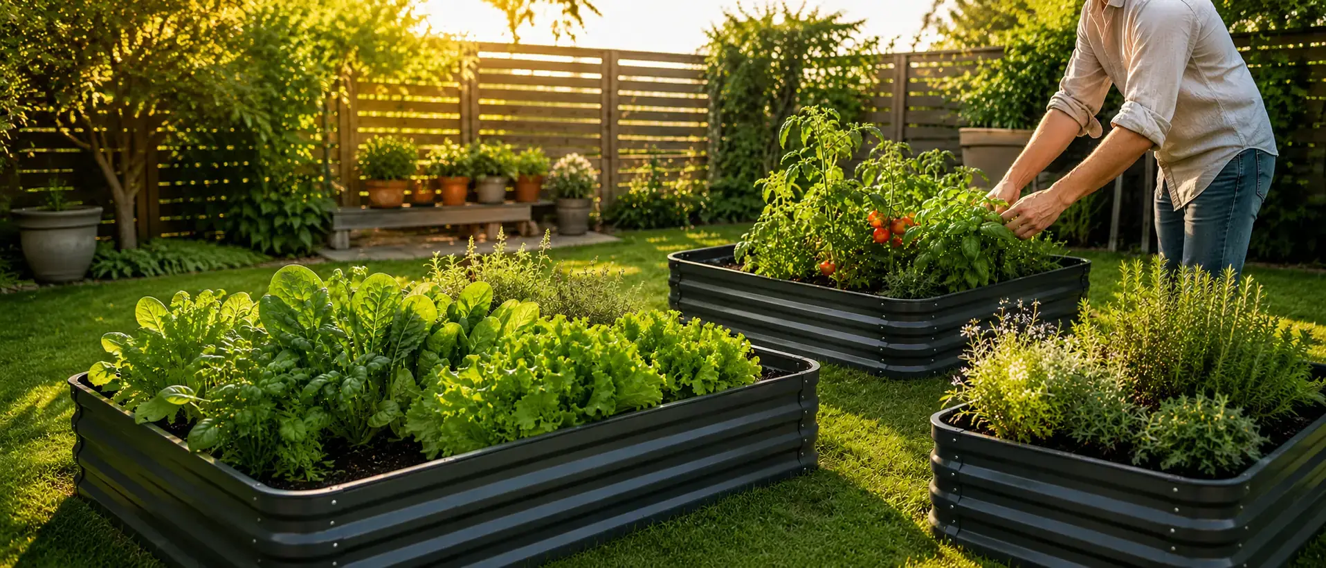 A sunny home garden with green plants, raised beds, and fresh gardening atmosphere.